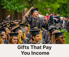 Students cheering at graduation. Links to Gifts That Pay You Income