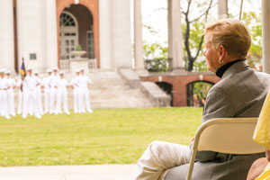 Vice Admiral (Ret.) Nora Tyson, BA’79 sitting in a chair