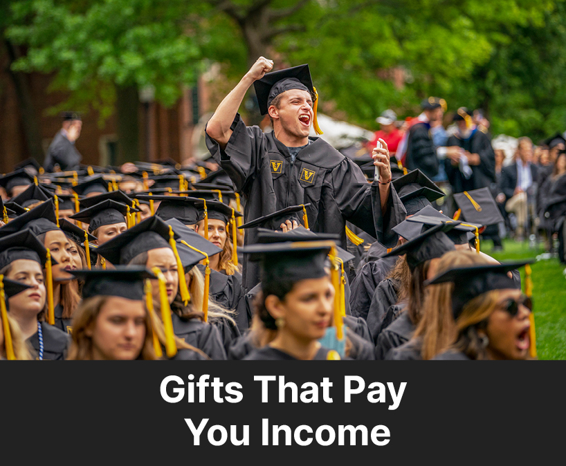 Students cheering at graduation. Links to Gifts That Pay You Income