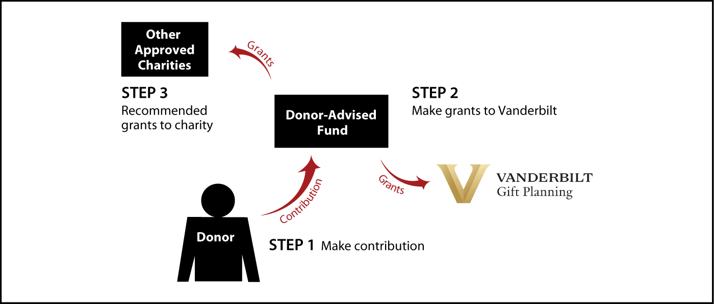 Donor-Advised Funds Diagram. Description of image is listed below.